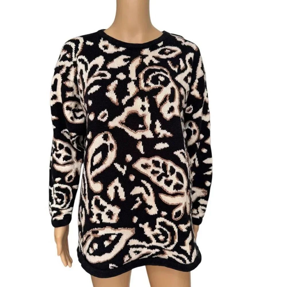 Chaus vintage Black/Tan ramie/cotton blend Crew Neck Sweater Long Sleeve Size M